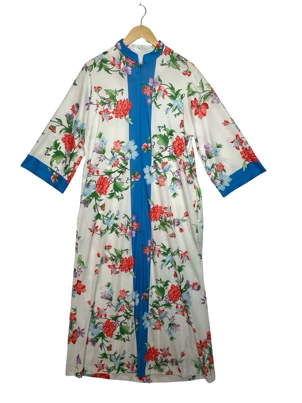 EVELYN PEARSON Vintage Kaftan House Dress White Floral Zip Front Size Medium